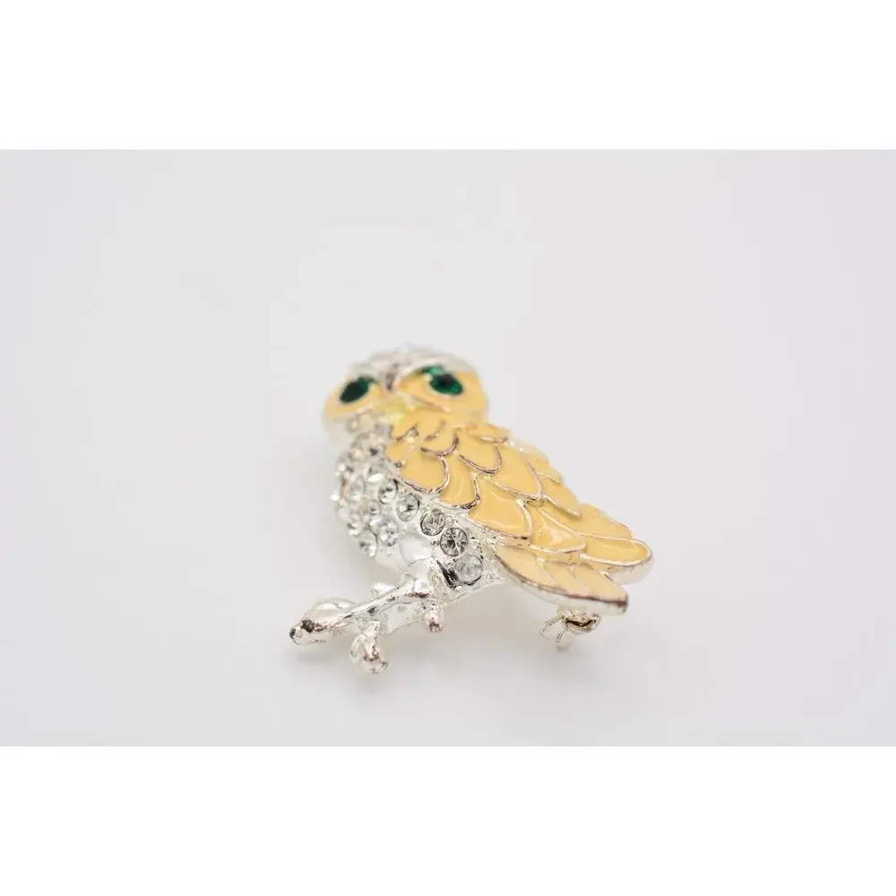 Vintage Owl Pin Brooch Rhinestone Crystal Green Cream Enamel Silver Shiny BinAT
